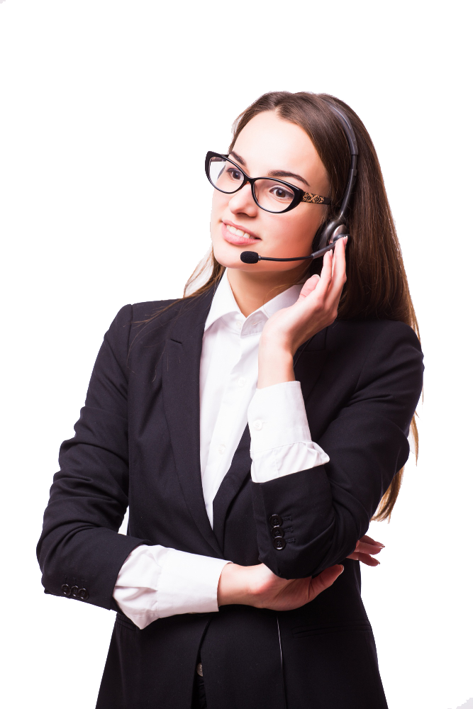 Freundliche Kundenservice-Mitarbeiterin mit Headset und Brille, bereit zur Unterstützung.
