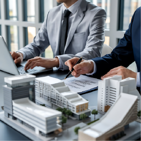 Professionelle Immobilienverwaltung und Projektplanung Zwei Geschäftsleute in Anzügen arbeiten an Immobilienprojekten mit Architekturmodellen und Vertragsdokumenten.